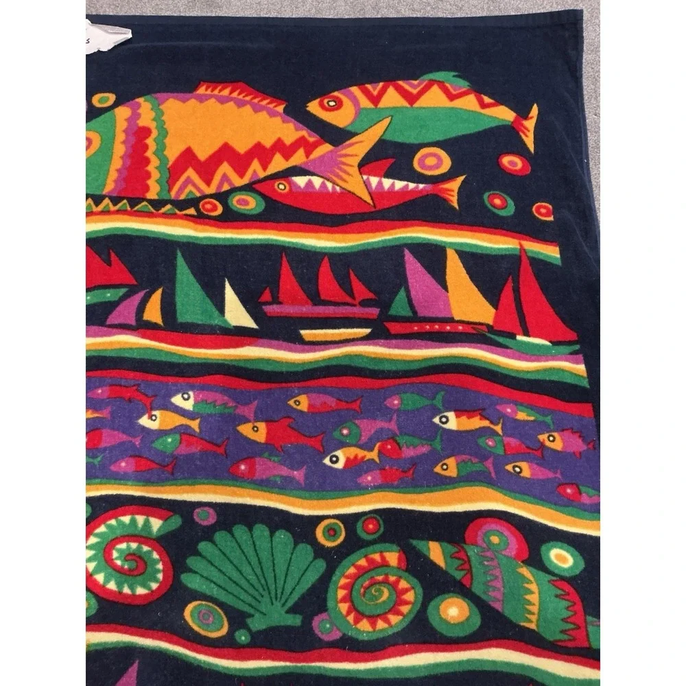 Vintage Beach Towel Featuring A Colorful Tropical Fish and Sailboat Design